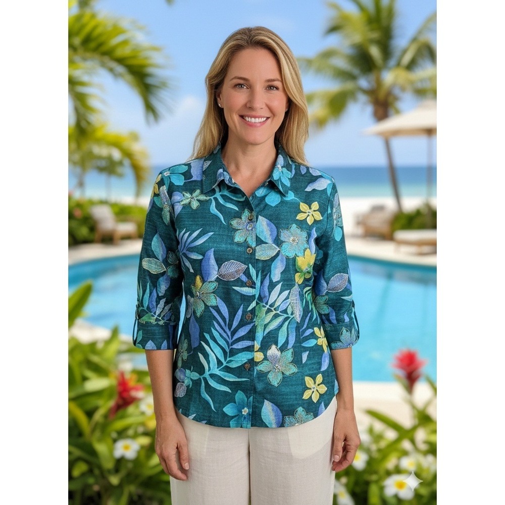 Chico's 3 Silk Floral Embroidered Jacket Teal Blue Tropical Button Front XL